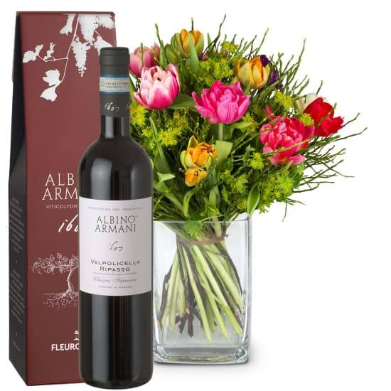 Flower bouquet «Colorful Tulip Dream» with Ripasso Albino Armani DOC (Minimum)