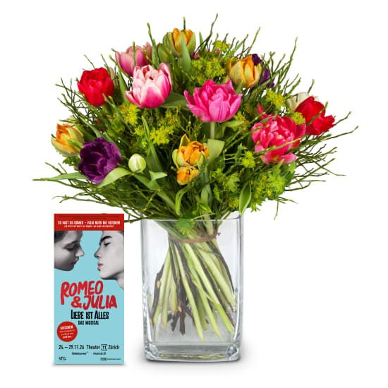 Flower bouquet «Colorful Tulip Dream» with a voucher for the musical «Romeo & Julia» (Minimum)