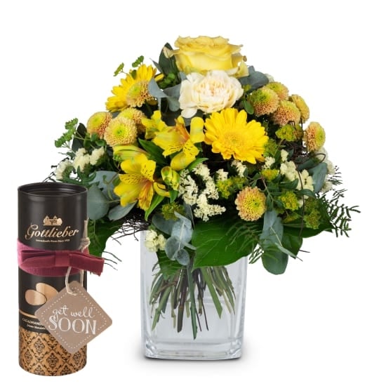 Sunny Vibes with Gottlieber cocoa almonds and hanging gift tag «Get Well Soon» (Minimum)