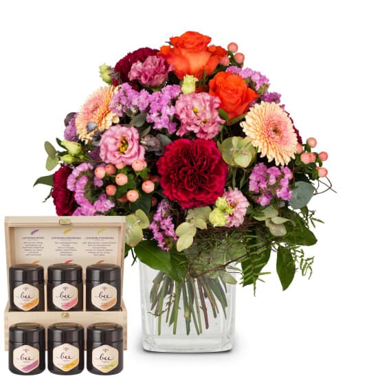 Colorful Wishes of Tulips with Bee-Family honey gift set (Minimum)