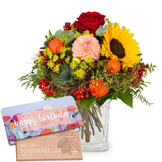 Late Summer Dream with Delicate Flowers with Munz bar of chocolate Â«Happy BirthdayÂ» (Minimum)