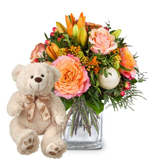 Flower bouquet "Magical Advent Season" with teddy bear (Minimum)