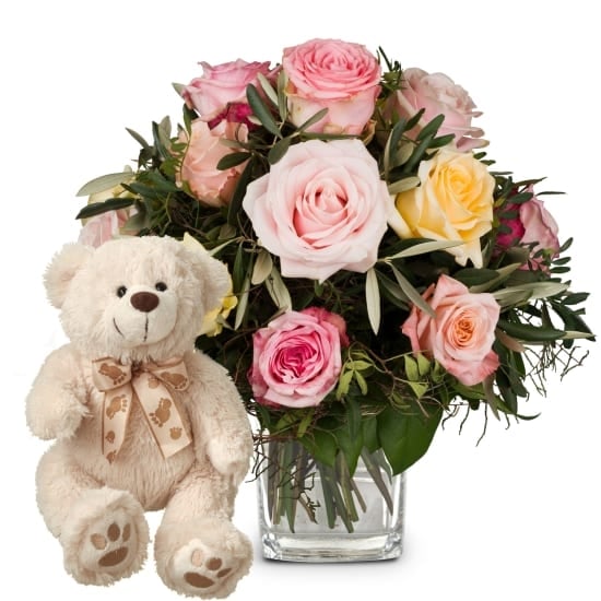 Cordial Rose Greeting With Teddy Bear (Minimum)