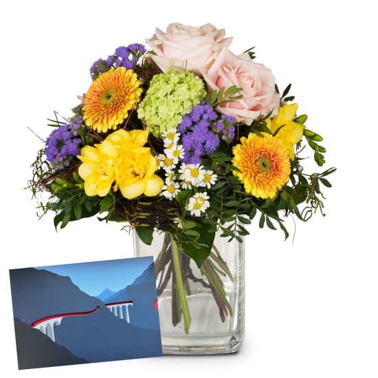 Flower bouquet Happy Moments with a gift voucher from the Rhaetian Railway (Minimum)