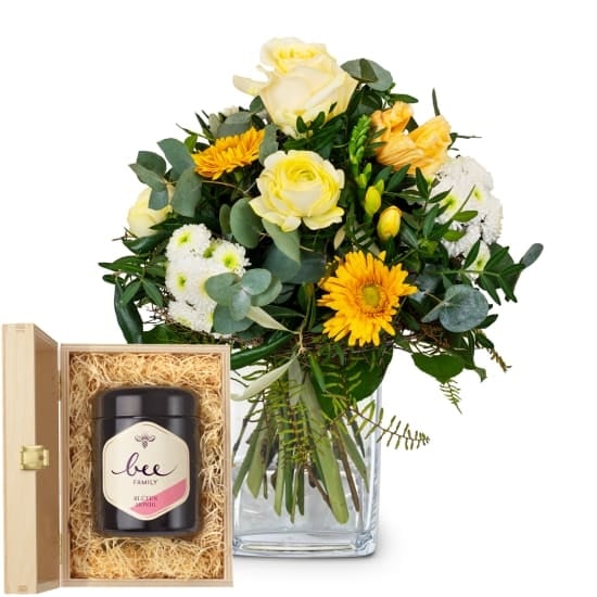 Flower bouquet of the month «March» with Bee-Family Swiss blossom honey (Minimum)