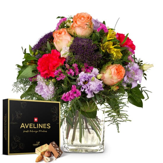 Flower bouquet «Symphony of Colors» with Avelines pralines from Maestrani (Minimum )