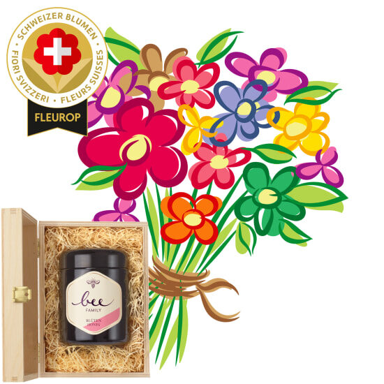 Flower bouquet «Swiss Flowers» with Bee-Family Swiss blossom honey (Minimum)