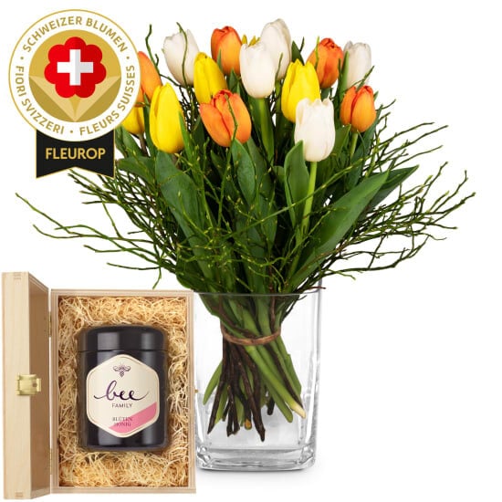 Flower bouquet «Swiss Tulips» with Bee-Family Swiss blossom honey