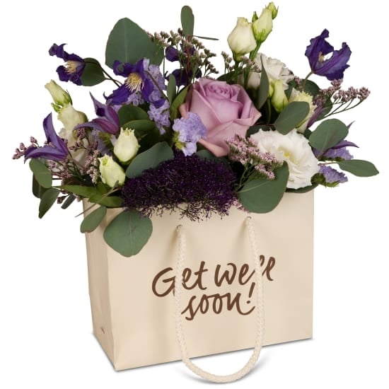 Flower bag «Get well soon!» - in shades of purple