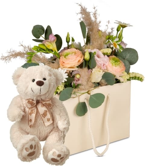 Flower bag «Delicate spring» with teddy bear