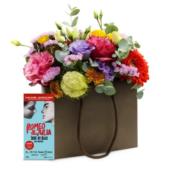 Flower bag «Happiness» with a  voucher for the musical «Romeo & Julia»
