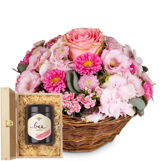 A Flower Greeting in Delicate Colors with Bee-Family Swiss blossom honey (Minimum)
