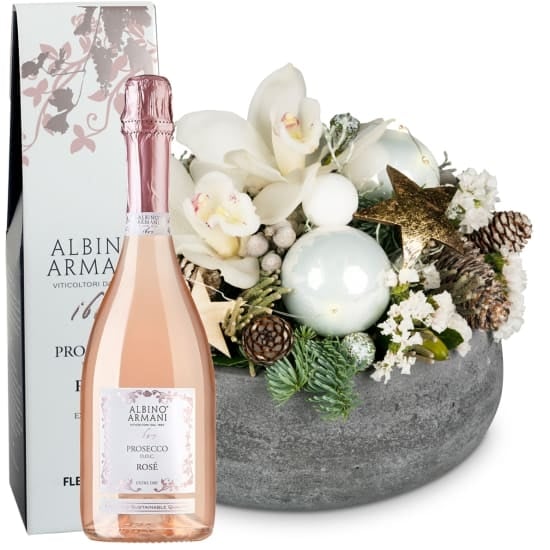 Flower arrangement "Great Moments" with fairy lights and Prosecco RoseAlbino Armani DOC (75 cl)