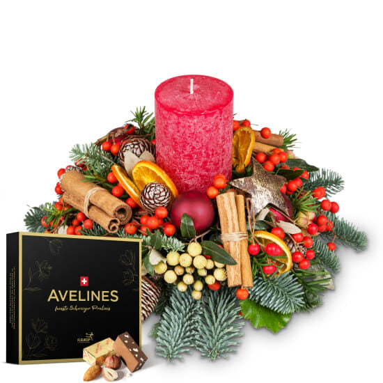 Candle arrangement "Festive & Glamorous" with Avelines pralines from Maestrani (Minimum)