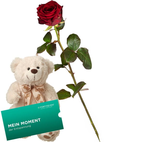 1 Red Rose with teddy bear and a CHF 50.- gift voucher from Wellness-Therme FORTYSEVEN