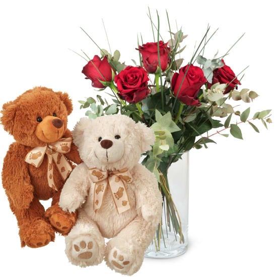 5 Red Roses with greenery and two teddy bears
