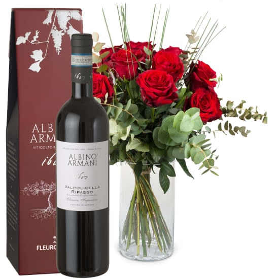 12 Red Roses With Greenery And Ripasso Albino Armani Doc (75 Cl)