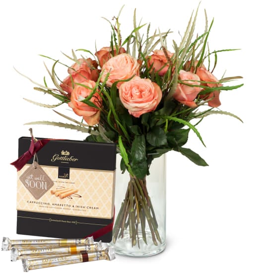 12 Salmon Colored Roses with greenery and Gottlieber Happen and hanging gift tag «Get Well Soon»