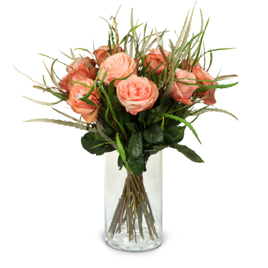 12 Salmon Colored Roses With Greenery (Minimum)