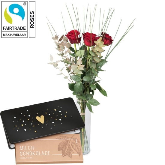 3 Red Fairtrade Max Havelaar-Roses with greenery and Munz bar of chocolate Â«HeartÂ»