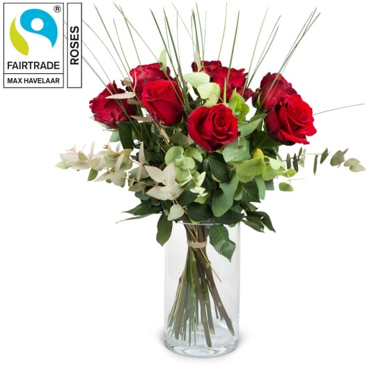 9 Red Fairtrade Max Havelaar-Roses With Greenery (Minimum)
