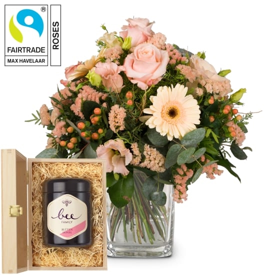 Delicate Seasonal Bouquet with Fairtrade Max Havelaar-Roses and Bee-Family Swiss blossom honey (Minimum)
