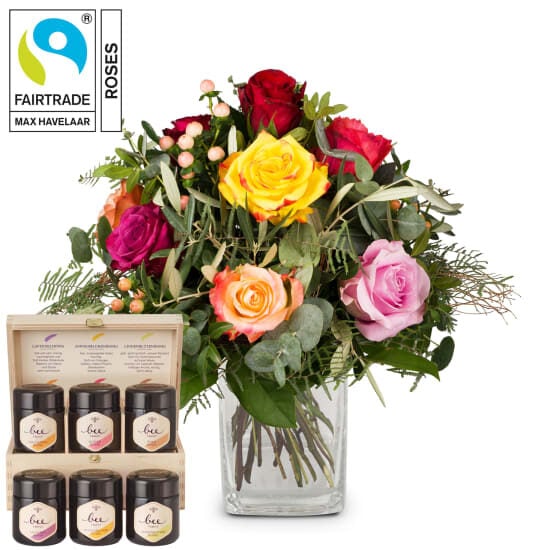 Bellissima with Fairtrade Max Havelaar-Roses and Bee-Family honey gift set (Minimum)