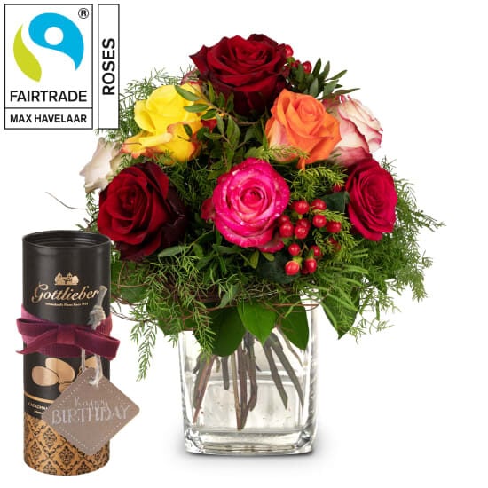 Magic of Roses with Fairtrade Max Havelaar-Roses with Gottlieber cocoa almonds and hanging gift tag «Happy Birthday» (Minimum)