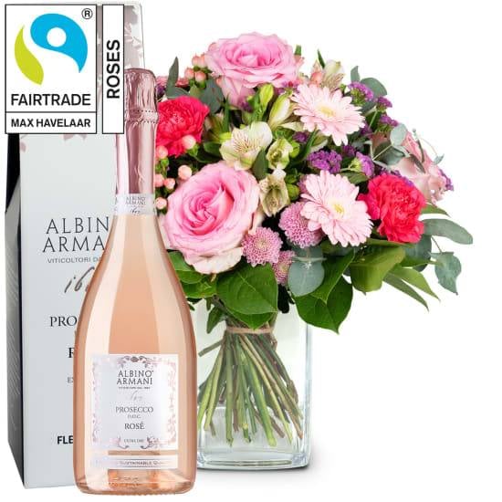 Flower bouquet «Harmony» with Fairtrade Max Havelaar Roses and Prosecco Rose Albino Armani DOC (Minimum)