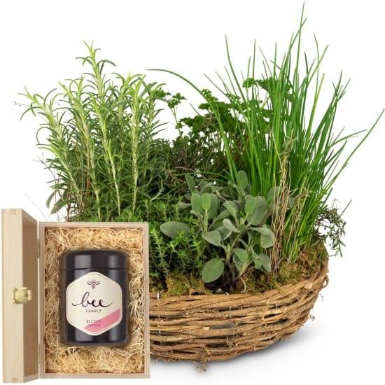 Little herb garden with Bee-Family Swiss blossom honey
