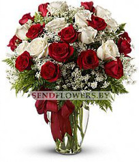 Bouquet of 25 Red and White Roses "Divine Love"