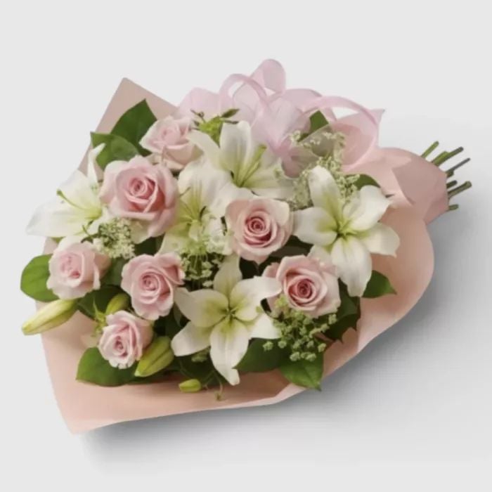 Bouquet of 7 pink roses& white lilies "Adele"