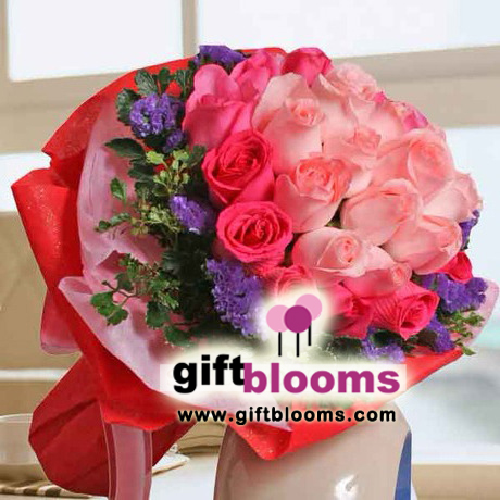 Bouquet of 12 Peach And  21 Hot Pink Roses