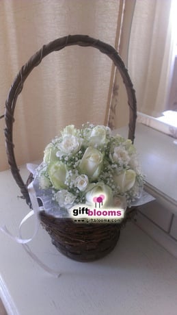 Elegant basket of White Roses Snow White
