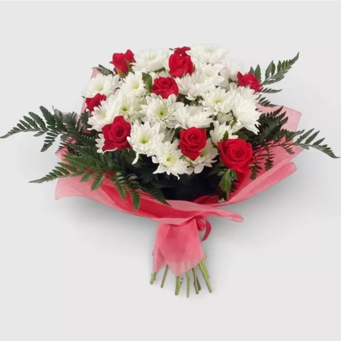 Bouquet of Red Roses & White Chrysanthemums "Undivided"