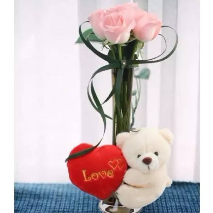 Pink Roses in a Vase & Teddy Bear
