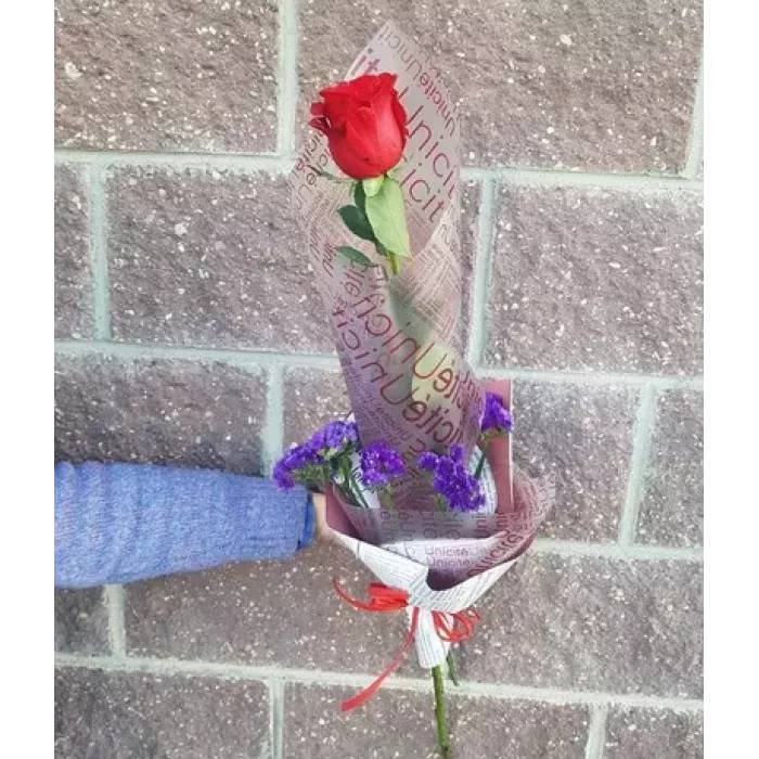 A red rose in a designer package