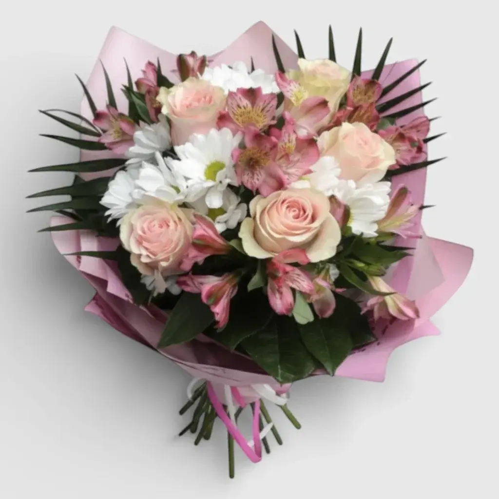 Bouquet of chrysanthemums, alstroemeria and roses "Bright Colors of the Day"