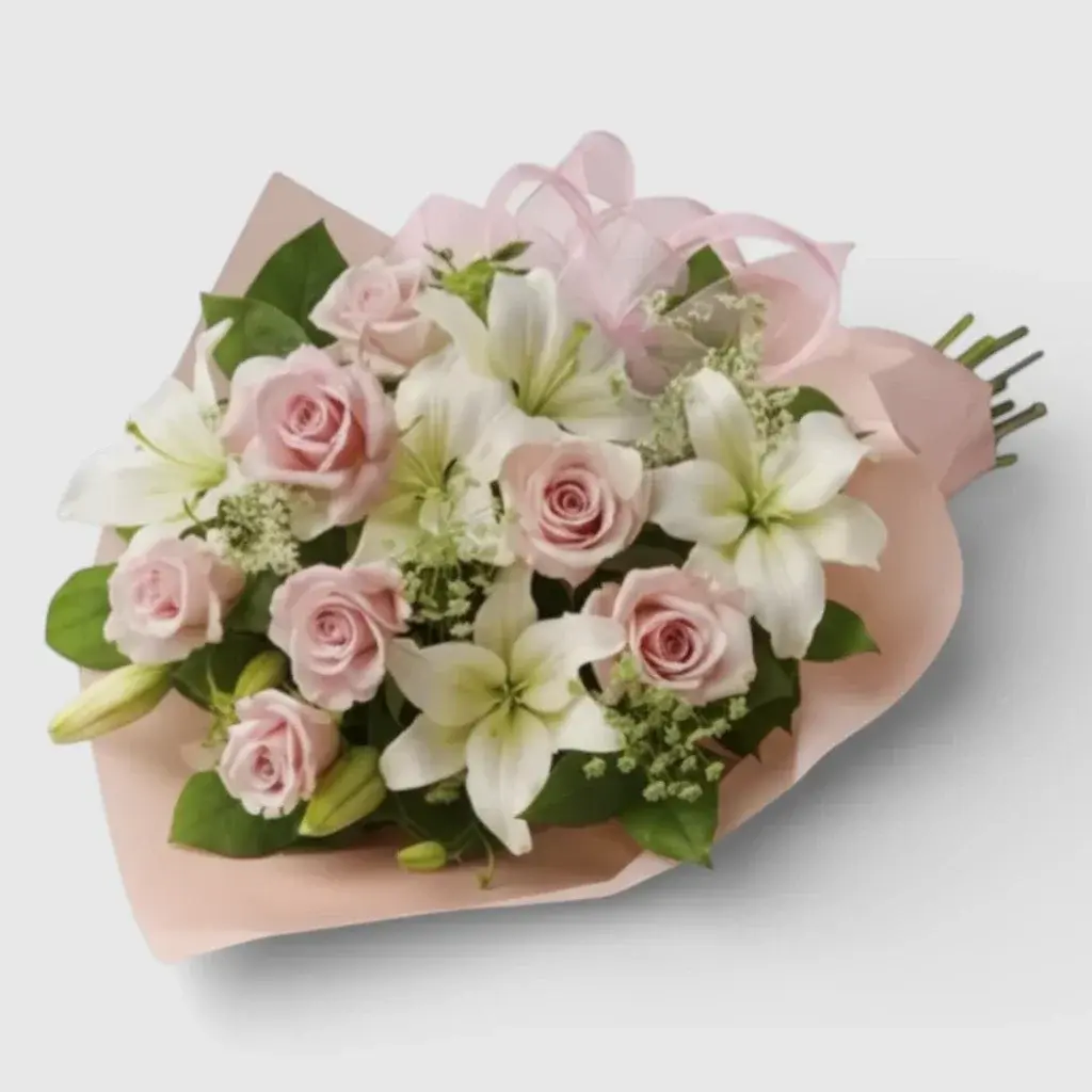 Bouquet of 7 pink roses& white lilies "Adele"