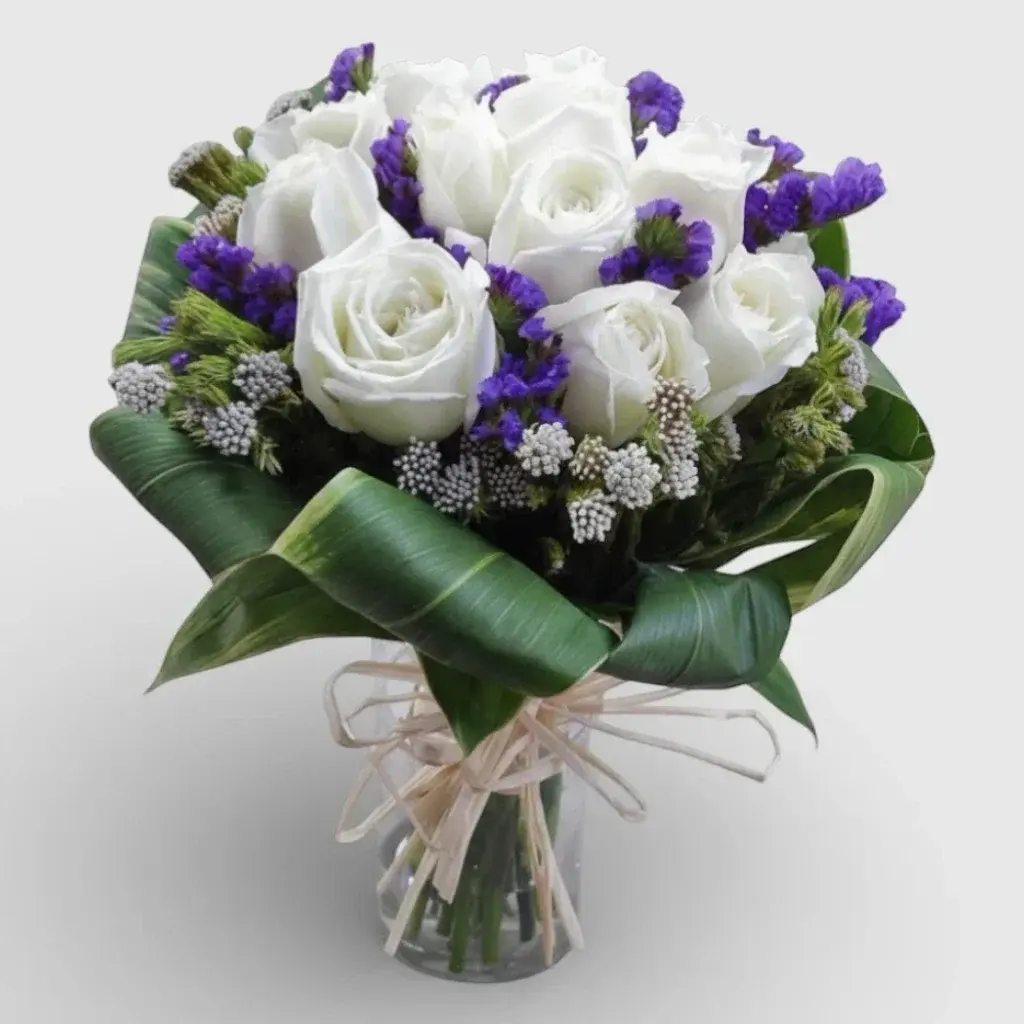 Bouquet of 11 White Roses & Blue Statice" Diana"