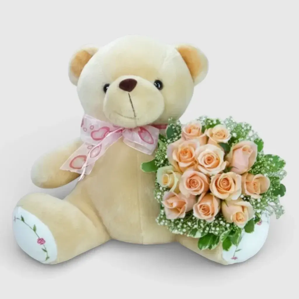 Hand-tied Peach Roses Bouquet with Teddy Bear