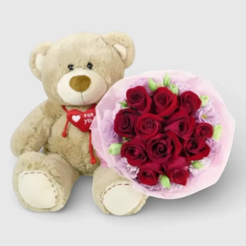 Red Roses hand-tied bouquet & Large Teddy Bear