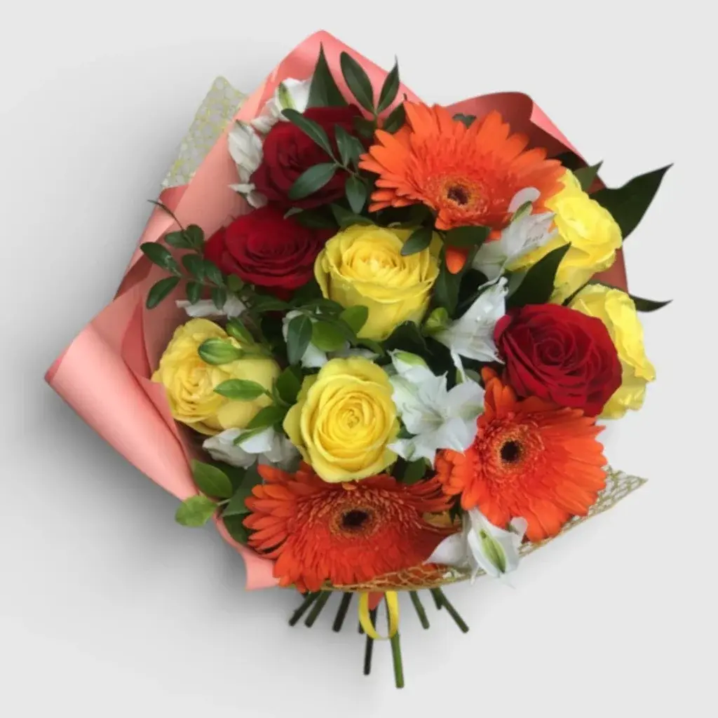 Bouquet of roses, gerberas and alstroemerias
