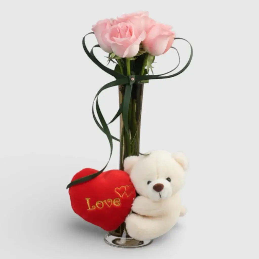 Pink Roses in a Vase & Teddy Bear