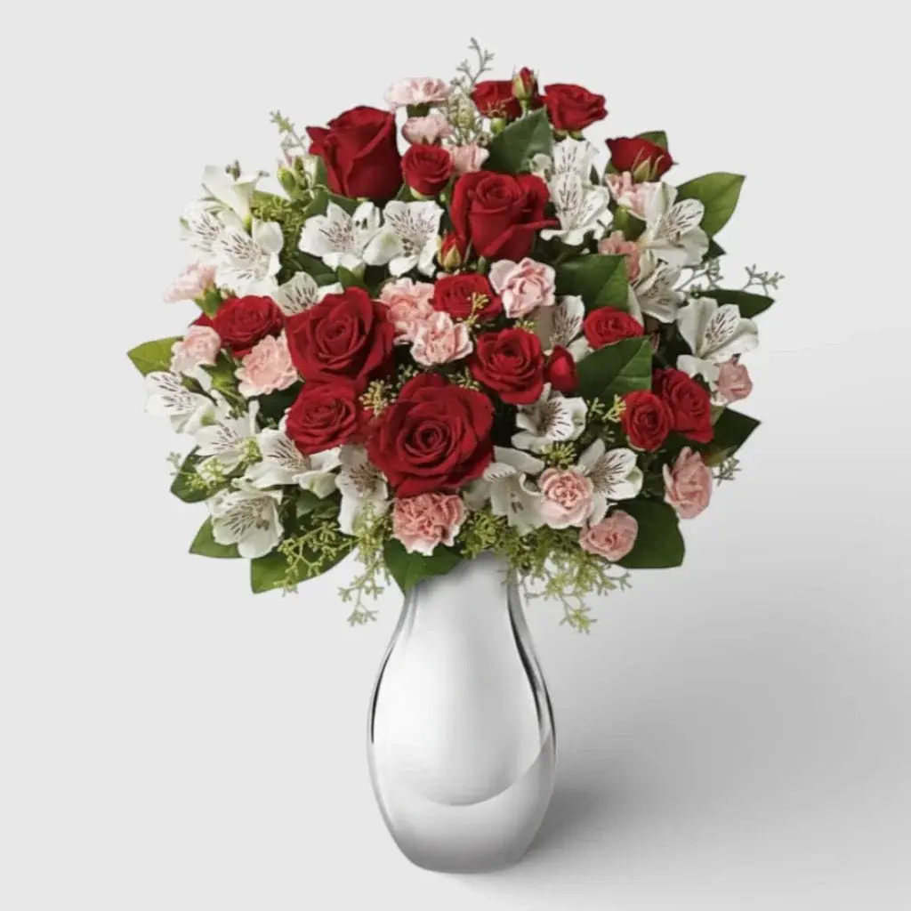 Bouquet of carnations, roses and alstromerias "Light of My Life"