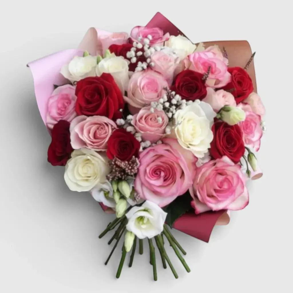 Bouquet of red, pink and white roses