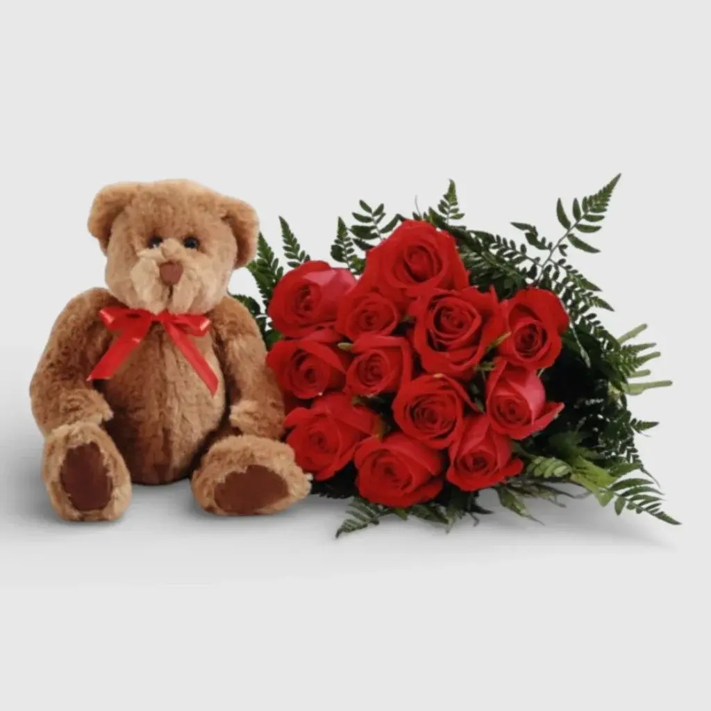 Red Long Stem Roses with a Teddy Bear