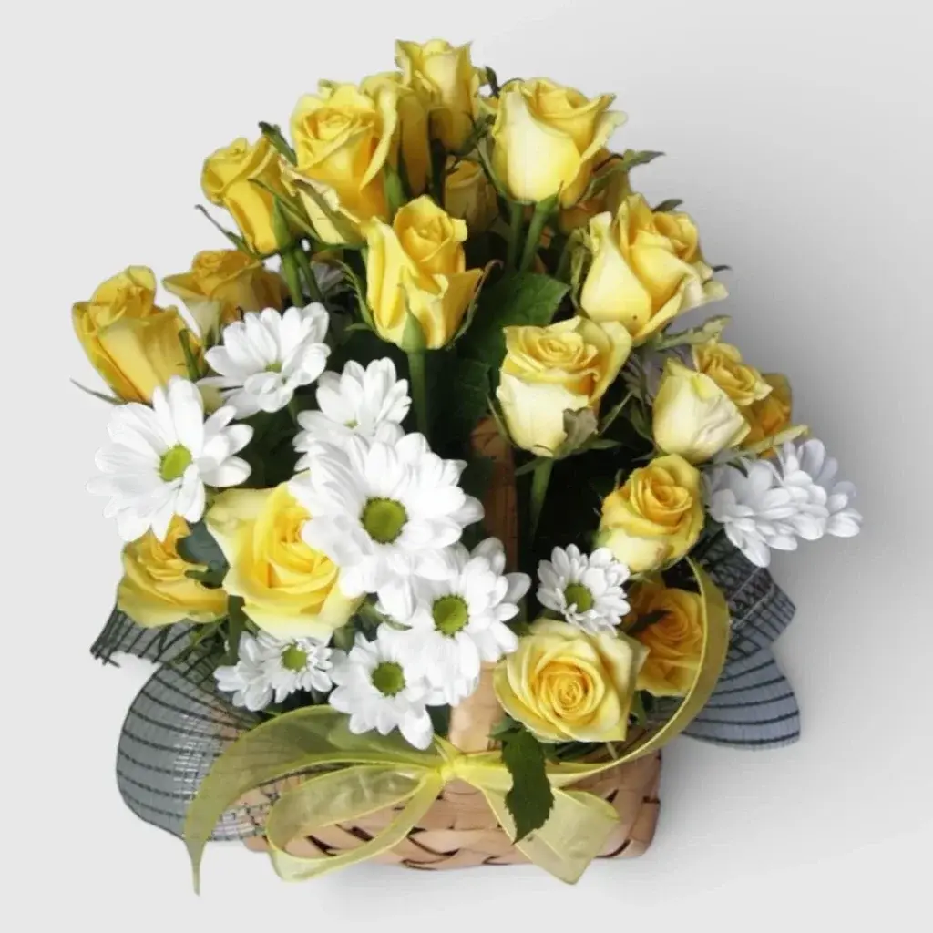 Basket with Roses& Сhrysanthemum "Oriental Sun"