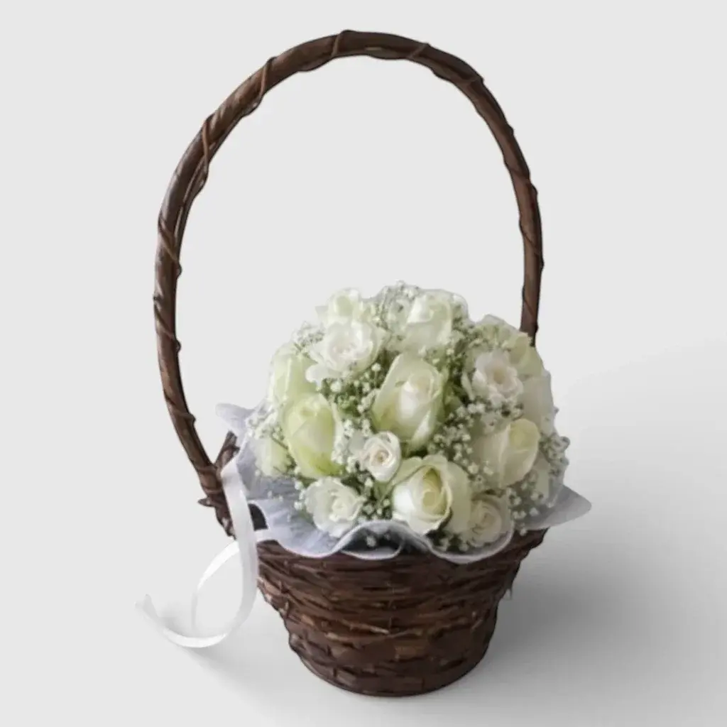Elegant basket of White Roses "Snow White"