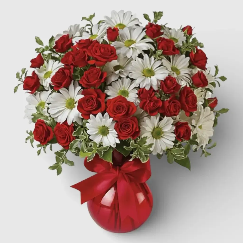 Bouquet of White Chrysanthemums& Red roses "Sweet Surprises"